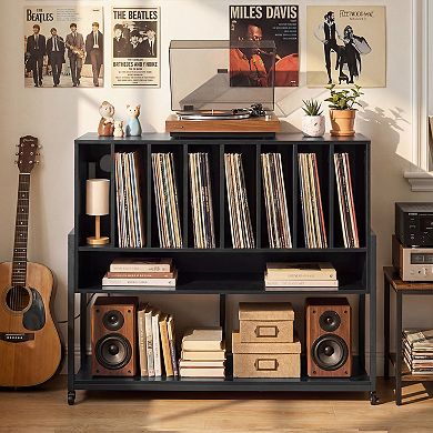 Costway Record Player Stand with Charging Station, Turntable Stand with Vinyl Storage Shelves