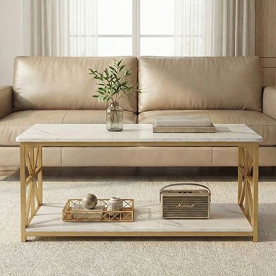 Costway 2-Tier Coffee Table, Industrial Accent Table with Dual Star-shaped Metal Frames