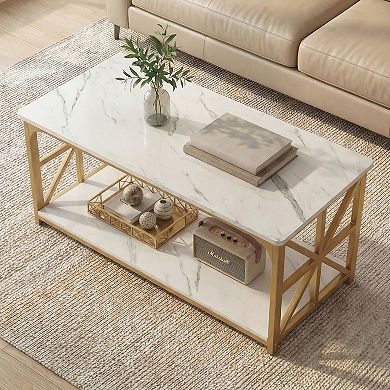 Costway 2-Tier Coffee Table, Industrial Accent Table with Dual Star-shaped Metal Frames