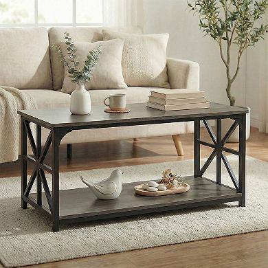 Costway 2-Tier Coffee Table, Industrial Accent Table with Dual Star-shaped Metal Frames