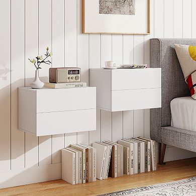 Costway Modern Floating Nightstand, Wall Mounted Bedside Table with 2 Storage Drawers
