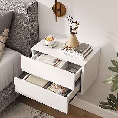 Costway Modern Floating Nightstand, Wall Mounted Bedside Table with 2 Storage Drawers