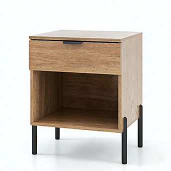 Costway Mid Century Modern Nightstand with Charging Station, Drawer & Open Compartment