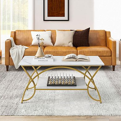 Costway 2-Tier Industrial Coffee Table Rectangular Cocktail Table with Storage Shelf