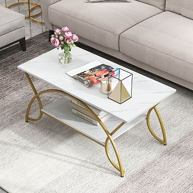 Costway 2-Tier Industrial Coffee Table Rectangular Cocktail Table with Storage Shelf