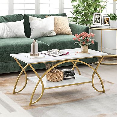 Costway 2-Tier Industrial Coffee Table Rectangular Cocktail Table with Storage Shelf
