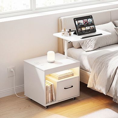 Costway LED Nightstand with Power Outlets, Modern Bedside Table with Flip over