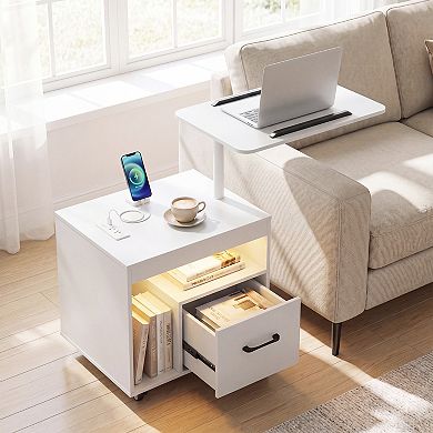 Costway LED Nightstand with Power Outlets, Modern Bedside Table with Flip over