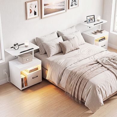 Costway LED Nightstand with Power Outlets, Modern Bedside Table with Flip over
