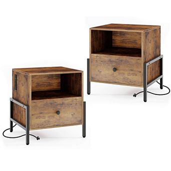Costway Nightstand with Charging Station Bedside Table with Storage Shelf Side Table