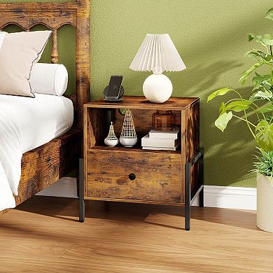 Costway Nightstand with Charging Station Bedside Table with Storage Shelf Side Table