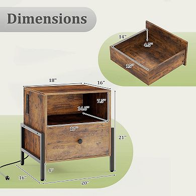 Costway Nightstand with Charging Station Bedside Table with Storage Shelf Side Table