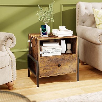 Costway Nightstand with Charging Station Bedside Table with Storage Shelf Side Table