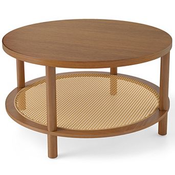 Costway 2 tier Rattan Coffee Table,with Wood Veneered Top and Solid Rubber Wood Legs