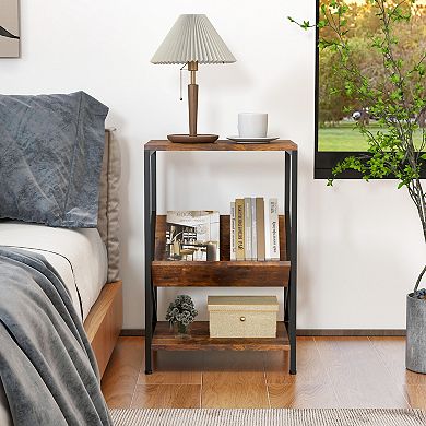 Costway Industrial Side Table 3-Tier End Table with V-Shaped Magazine Holder Beech