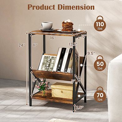 Costway Industrial Side Table 3-Tier End Table with V-Shaped Magazine Holder Beech