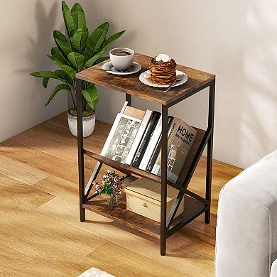 Costway Industrial Side Table 3-Tier End Table with V-Shaped Magazine Holder Beech