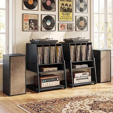 Costway Record Player Stand on Wheels with Power Outlets, Divided Compartment, Open Shelves
