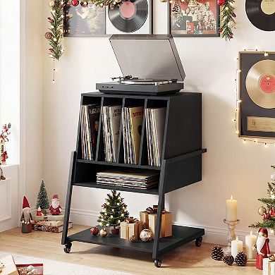 Costway Record Player Stand on Wheels with Power Outlets, Divided Compartment, Open Shelves