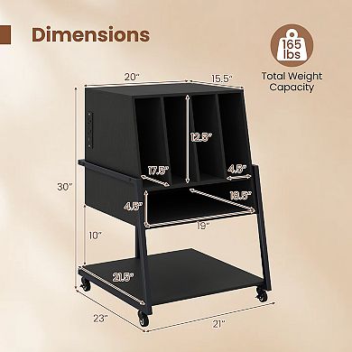 Costway Record Player Stand on Wheels with Power Outlets, Divided Compartment, Open Shelves