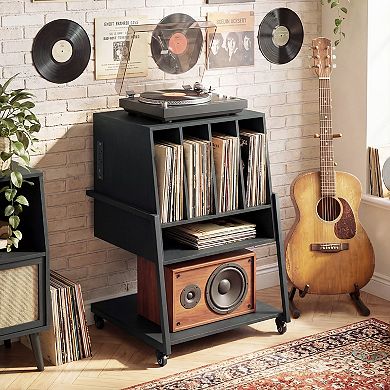 Costway Record Player Stand on Wheels with Power Outlets, Divided Compartment, Open Shelves