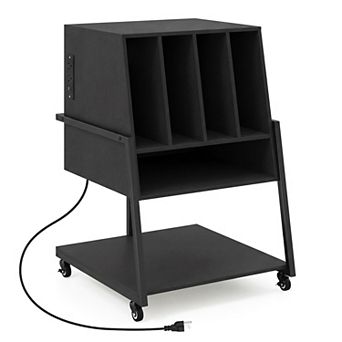 Costway Record Player Stand on Wheels with Power Outlets, Divided Compartment, Open Shelves