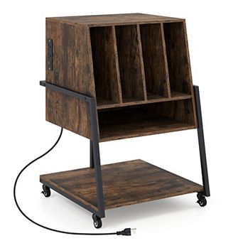 Costway Record Player Stand on Wheels with Power Outlets, Divided Compartment, Open Shelves