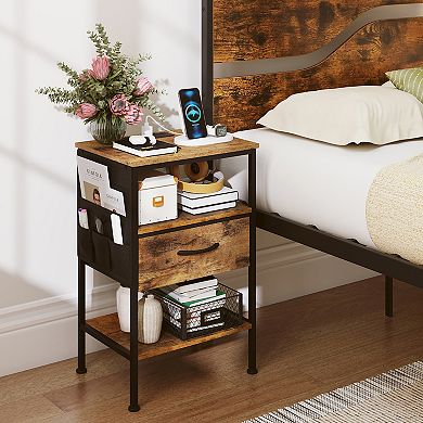 Costway Nightstand with Charging Station, 24.5" Modern Bedside Table with Fabric Drawer