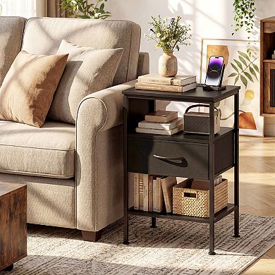 Costway Nightstand with Charging Station, 24.5" Modern Bedside Table with Fabric Drawer