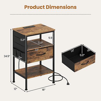 Costway Nightstand with Charging Station, 24.5" Modern Bedside Table with Fabric Drawer