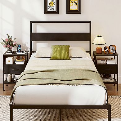 Costway Nightstand with Charging Station, 24.5" Modern Bedside Table with Fabric Drawer