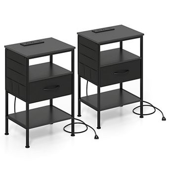 Costway Nightstand with Charging Station, 24.5" Modern Bedside Table with Fabric Drawer