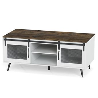 Costway 48” Farmhouse Coffee Table with Sliding Doors Adjustable Shelf Storage Compartments