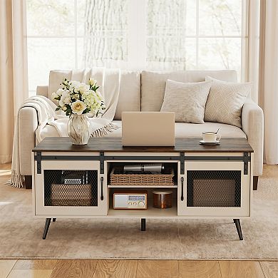 Costway 48” Farmhouse Coffee Table with Sliding Doors Adjustable Shelf Storage Compartments
