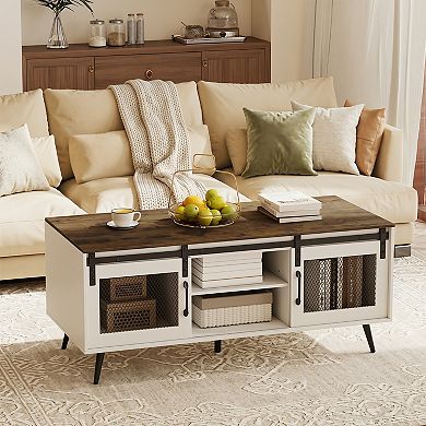Costway 48” Farmhouse Coffee Table with Sliding Doors Adjustable Shelf Storage Compartments