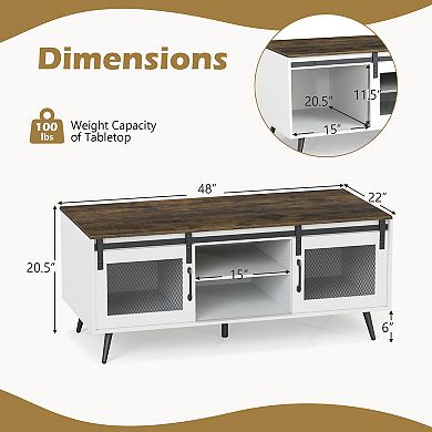 Costway 48” Farmhouse Coffee Table with Sliding Doors Adjustable Shelf Storage Compartments