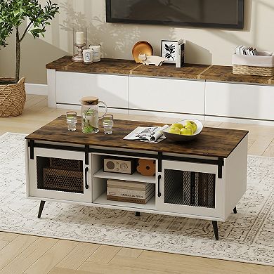 Costway 48” Farmhouse Coffee Table with Sliding Doors Adjustable Shelf Storage Compartments