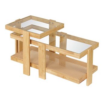 Costway Nesting Coffee Table Set of 2, Boho Rattan Accent Table with Tempered Glass Top