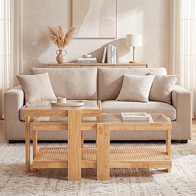 Costway Nesting Coffee Table Set of 2, Boho Rattan Accent Table with Tempered Glass Top