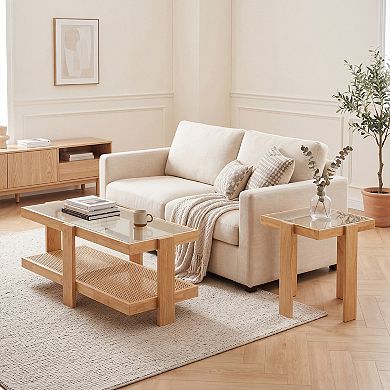 Costway Nesting Coffee Table Set of 2, Boho Rattan Accent Table with Tempered Glass Top