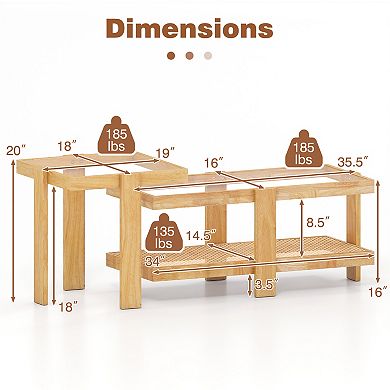 Costway Nesting Coffee Table Set of 2, Boho Rattan Accent Table with Tempered Glass Top