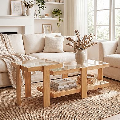 Costway Nesting Coffee Table Set of 2, Boho Rattan Accent Table with Tempered Glass Top