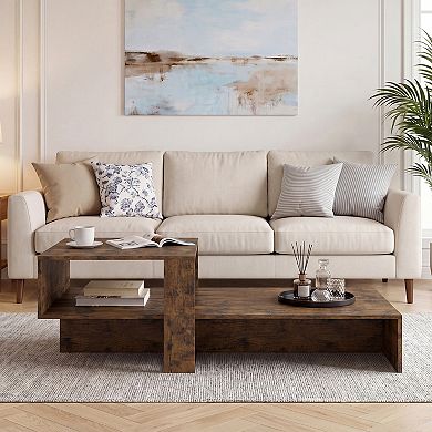 Costway 2-Tier Coffee Table with Open Storage Shelf, Cross-shaped Base for Living Room