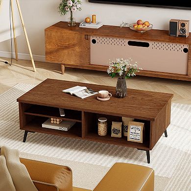 Costway 2-Tier Rectangular Center Table with Storage Shelves & Compartments for Living Room