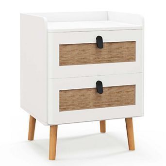 Costway Modern Nightstand End Bedside Table with 2 Rattan Drawers & Solid Wood Legs