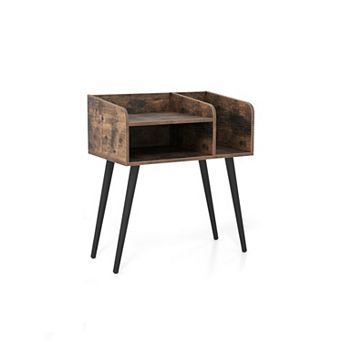 Costway Mid Century Modern End Table with Open Shelves Metal Support Legs for Bedroom