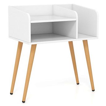 Costway Mid Century Modern End Table with Open Shelves Metal Support Legs for Bedroom