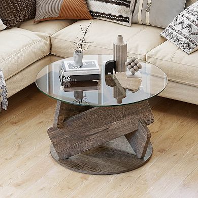 Costway Round Glass Coffee Table 32" Modern Center Table with Clear Tempered Glass Top
