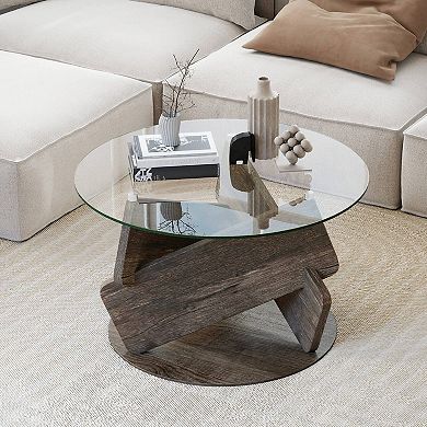 Costway Round Glass Coffee Table 32" Modern Center Table with Clear Tempered Glass Top