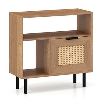 Costway Boho Rattan Nightstand Wooden End Table with Storage Shelf Cabinet & Metal Legs